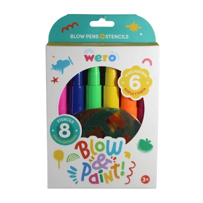 Set 6 Blow Pens+8 Stencils Fun Color Wero